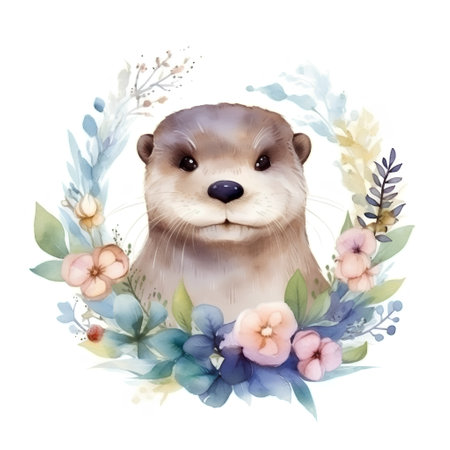 Watercolor illustration of a cute otter in a floral wreathの素材