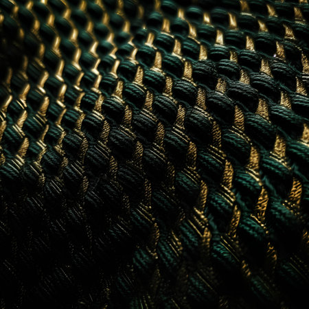 Close up of a black and green textured nylon rope background.の素材