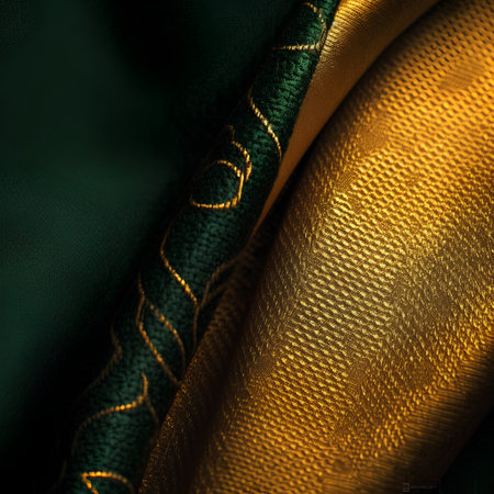 Closeup detail of green and gold textured satin fabric.の素材