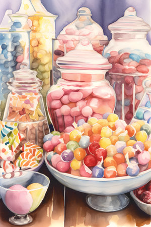 Colorful candies in glass jars on wooden table. Watercolor illustrationの素材