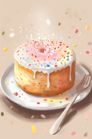Illustration of a donut with icing and sprinkles on a plateの素材