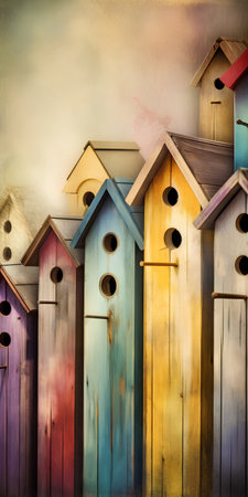 Colorful birdhouses on a grunge background with space for textの素材