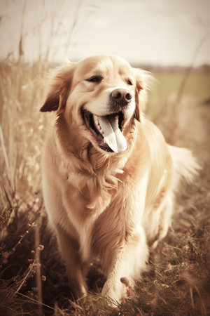 Golden Retriever dog in the field. Photo in old color image styleの素材