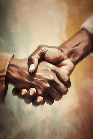 Close-up of handshake of two people over abstract background. Toned.の素材
