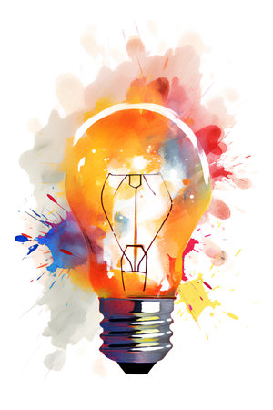 Watercolor lightbulb with colorful splashes on a white backgroundの素材