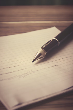 Pen and notebook on the wooden table with filter effect retro vintage styleの素材