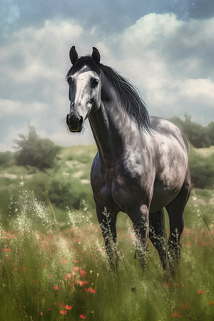 Beautiful black horse in the field with poppies. Digital painting.の素材