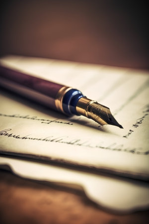 Fountain pen on an old fountain penbook on a wooden tableの素材