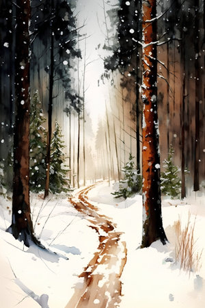 Winter landscape with a road in the forest. Digital watercolor paintingの素材
