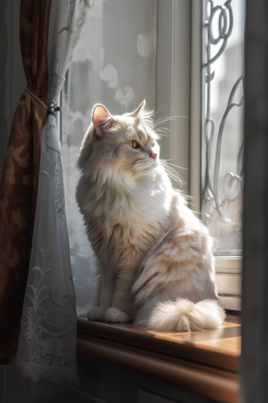 beautiful long-haired siberian cat sitting on the windowsillの素材