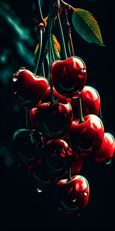Bunch of ripe red cherries on a dark background. Toned.の素材