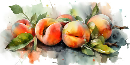 Watercolor painting of apricots with leaves. Vector illustration.の素材