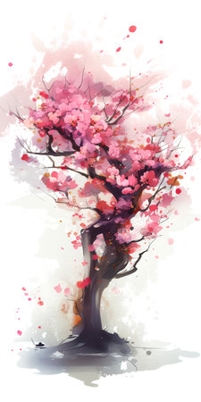 Watercolor illustration of cherry blossom tree with pink flowers on white backgroundの素材