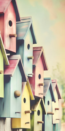 Colorful wooden birdhouses in a row, retro toned imageの素材