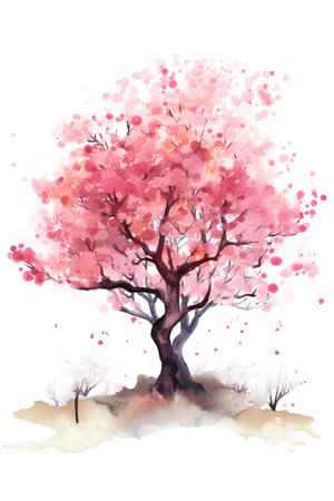 Watercolor cherry blossom tree on white background. Hand drawn illustrationの素材