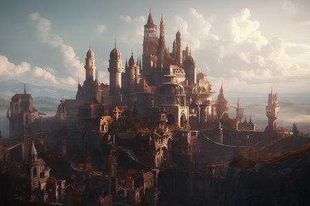 Magic Fairy Tale Castle in the mountains. Fantasy landscape. 3D renderingの素材