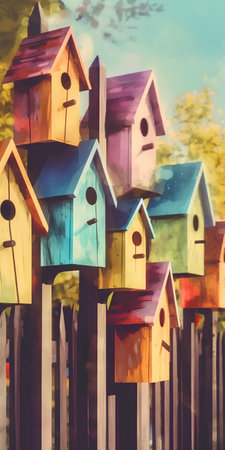 Colorful wooden birdhouses on the fence. Photo in old color image styleの素材