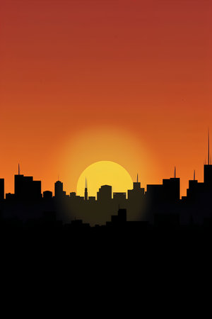 Silhouette of a cityscape at sunset. Vector illustration.の素材