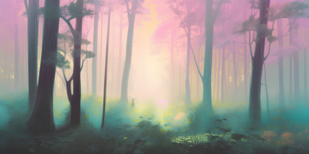 Mysterious forest with fog in the morning, digital painting.の素材