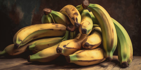 Bunch of bananas on a wooden table, grunge background.の素材