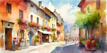 Street in the old town of Rovinj, Croatia. Watercolor paintingの素材