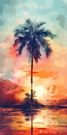 Palm tree on the beach at sunset. Vector illustration for your designの素材