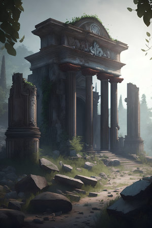 Mysterious greek temple in the mist. 3d renderの素材