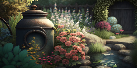 3D rendering of a garden with flowers in the foreground and a watering can in the backgroundの素材
