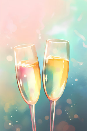Two glasses of champagne on abstract bokeh background. Vector illustration.の素材