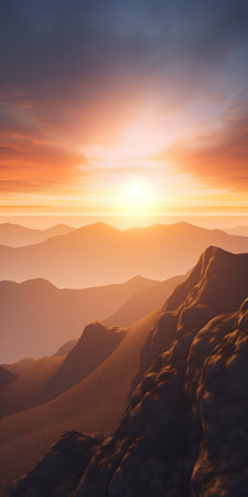 beautiful sunset in the mountains. 3d rendered landscape with mountainsの素材