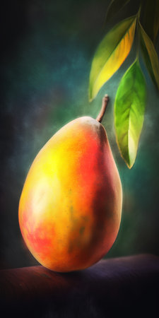 Ripe mango with green leaves on dark background. Vintage style.の素材