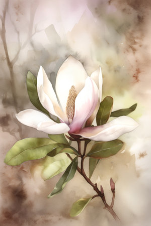 Watercolor painting of magnolia flower on a watercolor background.の素材
