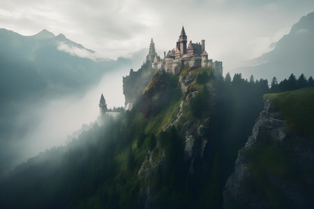 Beautiful medieval castle on a cliff in the mountains. Fantasy toningの素材