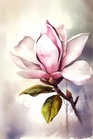 Watercolor magnolia flower. Digital painting. Hand drawn illustration.の素材
