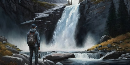 Digital composite of Midsection of man looking at waterfall in the mountainsの素材