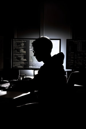 Silhouette of a hacker in front of computer screens at nightの素材