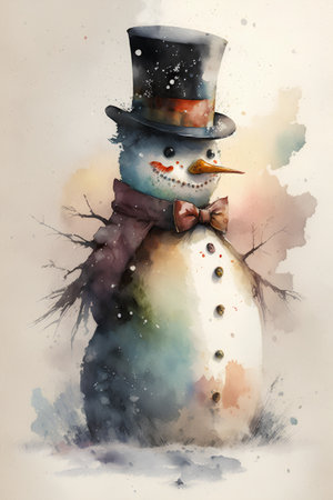 Watercolor illustration of a snowman in a hat, scarf and bow tieの素材