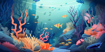 Underwater scene with coral reef and fish. Vector cartoon background.の素材