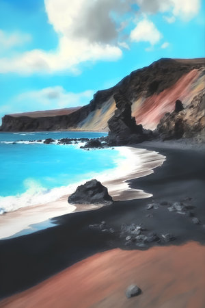Digital painting of a seascape with black sand and volcanic rocksの素材