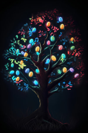 Tree with colorful light bulbs on dark background, digital painting, illustrationの素材