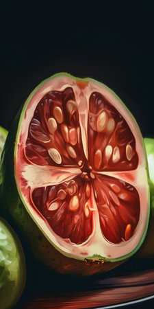 Close up of fresh guava fruit on black background with copy spaceの素材