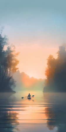 Foggy morning on the lake with a man in a kayakの素材