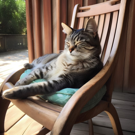 Cute tabby cat lying on a chair in the garden.の素材