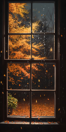 Autumn leaves on a window with raindrops, autumn background.の素材