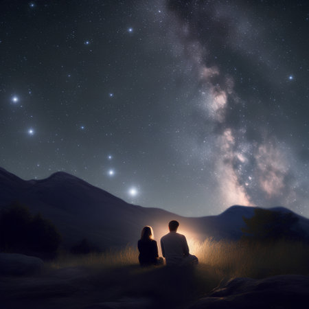 Couple sitting on the hill and looking at the starry skyの素材