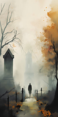Digital painting of a graveyard with a silhouette of a man standing in front of a graveの素材