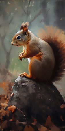 Squirrel sitting on a rock in autumn forest. Digital painting.の素材