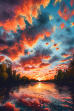 Sunset over the lake with orange clouds and trees in the backgroundの素材