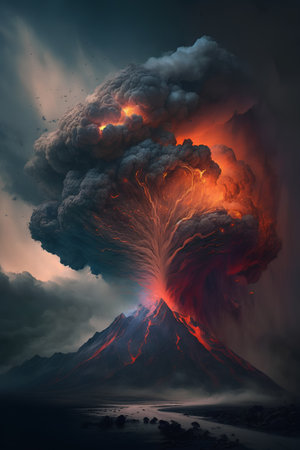 d illustration of volcano eruption at night.の素材