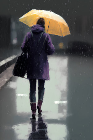 Woman with umbrella in the rain. Photo in old color image style.の素材